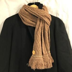 Bob Timberlake 100% Lambswool Heathered Brown Wooden‎ Button Long Fringed Scarf